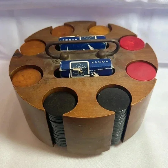 Vintage Bakelite Poker Chips Wooden Spinning Poker Chip Wheel with Chips - Picture 3 of 4